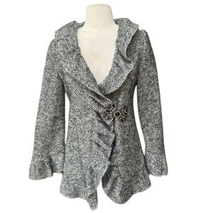 Bell by Alicia Bell Black & White Tweed Wool Blend Ruffled Black/Faux Diamond Bl